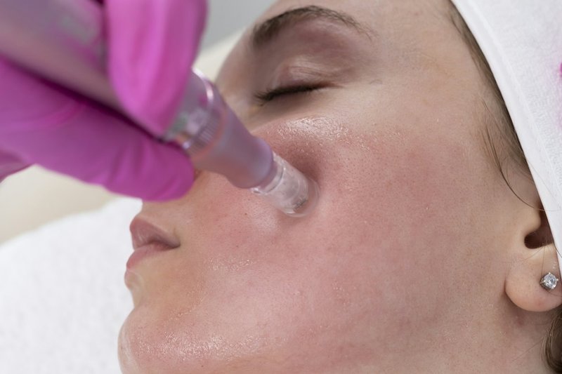 Close-up of a microneedling pen held against a client's cheek by a gloved hand