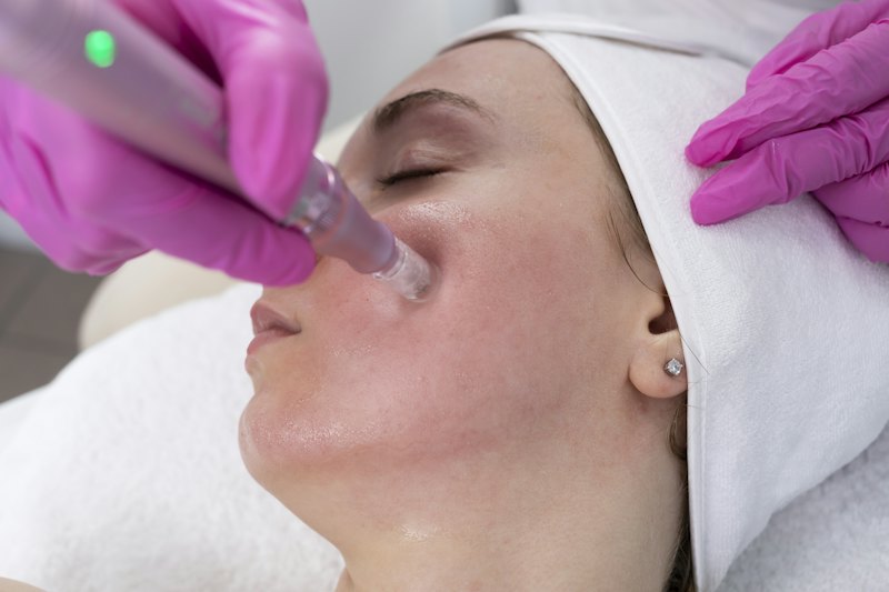 A practitioner microneedling a client's cheek with a pen device